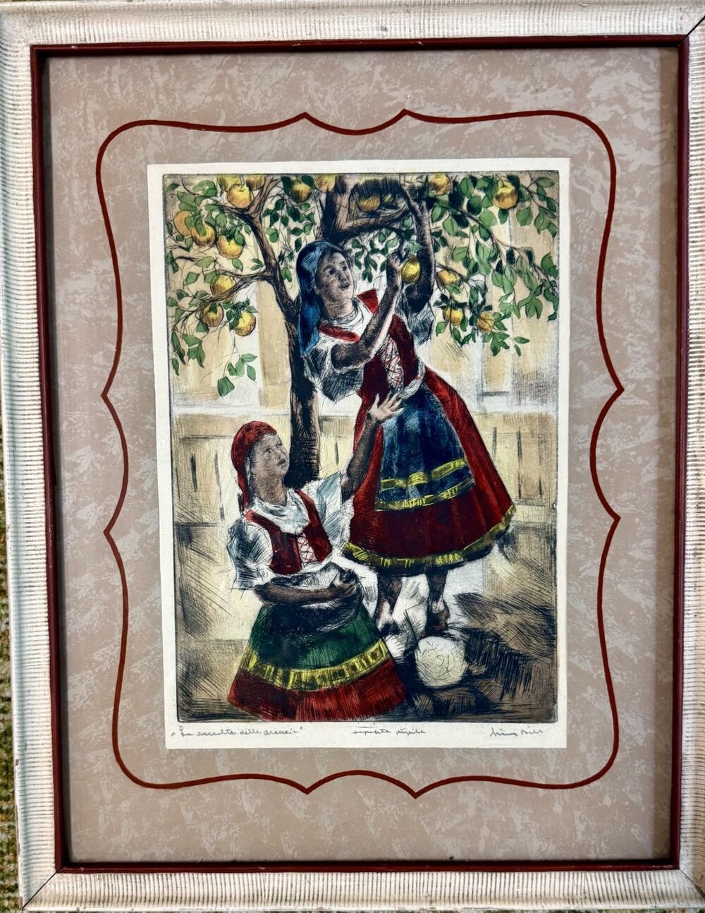 Italian La Raccolta Delle Arance Signed Serigraph Orange Harvest Women Vtg Art
